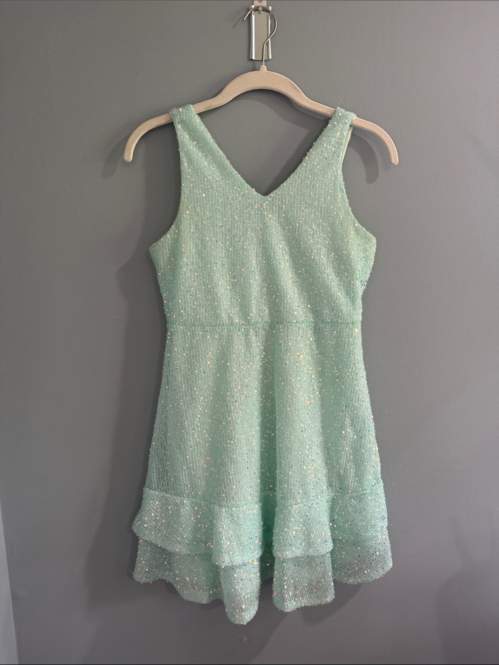 Girls' Mint Green Sequin Ruffle Hem Party Dress